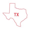 Texas US state map red outline border. Vector illustration. Two-letter state abbreviation