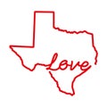 Texas US state red outline map with the handwritten LOVE word. Vector illustration