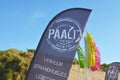 Wind sail banner with logo of beach pavillion called `Paal 17` at beach on island Texel in the Netherlands Royalty Free Stock Photo