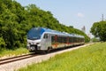 TEXRail train operated by Trinity Metro commuter rail public transport with Stadler FLIRT vehicle in Grapevine near Dallas, United