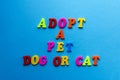 Text adopt a pet dog or cat from plastic colored letters on blue paper background