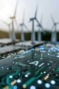 Text AI displayed on computer control panel screen, many wind generators in the background