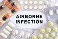 Text AIRBORNE INFECTION on a white background. There are different medicines around