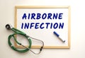 The text AIRBORNE INFECTION is written on a white office board. Nearby is a stethoscope.