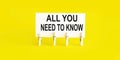Text ALL YOU NEED TO KNOW on white short note paper yellow background Royalty Free Stock Photo