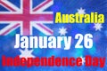 Text Australia January 26 Independence Day on blurred background of national flag with lens flares and fireworks