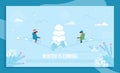 Text Banner in Frame with Cheerful Kids on Sled