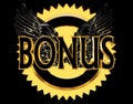 Text bonus with wings on a golden circle on a black background