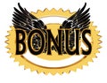 Text bonus with wings on a golden circle on a white background