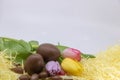 Text box, chocolate eggs and pastel colored tulips for Easter and spring arrival