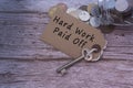 Text on brown tag with house key and blurred jar full of coins on wooden table Royalty Free Stock Photo