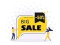 Text bubble design for mega big sales with small characters in cartoon style. Yellow patterns for special and advantageous offers