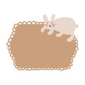 Text bubble with funny bunny who sits on a frame for text. Vector nursery illustration. Soft hazel pastel colors