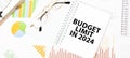 Text BUDGET LIMIT 2024 on white notepad, glasses, graphs and diagrams