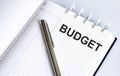 Text BUDGET on the short note texture background with pen Royalty Free Stock Photo