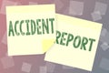 Text caption presenting Accident ReportA form that is filled out record details of an unusual event. Word for A form