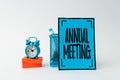 Hand writing sign Annual Meeting. Concept meaning a meeting of the general membership of an organization Tidy Workspace