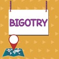 Text caption presenting Bigotry. Business approach obstinate or intolerant devotion to one's own opinions and