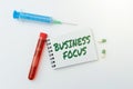 Text caption presenting Business Focus. Business approach Serving the needs of the client Full attention on details