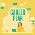 Text caption presenting Career Plan. Business idea ongoing process where you Explore your interests and abilities Woman