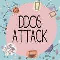 Text caption presenting Ddos Attack. Internet Concept perpetrator seeks to make network resource unavailable Blank frame