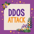 Text caption presenting Ddos Attack. Word for perpetrator seeks to make network resource unavailable