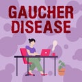 Text caption presenting Gaucher Disease. Word for autosomal recessive inherited disorder of metabolism Woman Sitting