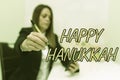 Text sign showing Happy Hanukkah. Business overview a day related with scary aspect, haunted house, and a candy