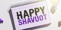 Text showing inspiration Happy Shavuot. Business approach Jewish holiday commemorating of the revelation of the Ten