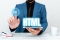 Text caption presenting Html. Business overview the lingua franca for publishing hypertext on the World Wide Web