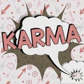 Text caption presenting Karma. Word Written on sum of a person actions in this and previous states of existence