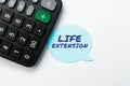 Text caption presenting Life Extension. Word for able to continue working for longer than others of the same kind