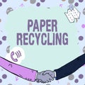 Text caption presenting Paper Recycling. Word for Using the waste papers in a new way by recycling them Empty frame