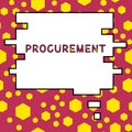 Text caption presenting Procurement. Concept meaning Procuring Purchase of equipment and supplies