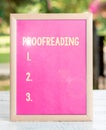 Text caption presenting Proofreading. Word for act of reading and marking spelling, grammar and syntax mistakes
