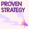 Text caption presenting Proven Strategy. Word for Confirmed approach or practices in generating sales or leads Megaphone