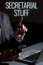 Text caption presenting Secretarial StuffSecretary belongings Things owned by personal assistant. Conceptual photo