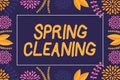 Text caption presenting Spring Cleaning. Concept meaning practice of thoroughly cleaning house in the springtime Frame
