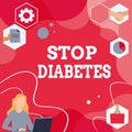 Text caption presenting Stop Diabetes. Business showcase Blood Sugar Level is higher than normal Inject Insulin Woman