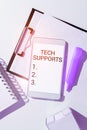 Text caption presenting Tech Supports. Word for Help given by technician Online or Call Center Customer Service