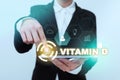 Text caption presenting Vitamin D. Business idea Nutrient responsible for increasing intestinal absorption Lady In Suit