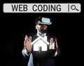 Text caption presenting Web Coding. Word for work involved in developing a web site for the Internet