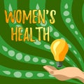 Text caption presenting Women s is Health. Word Written on Women s is Health Lady Hands Holding Lamp With Formal Outfit