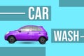 Text Car Wash and modern automobile on blue background