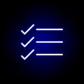 Text, check mark icon in neon style. Can be used for web, logo, mobile app, UI, UX