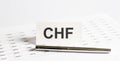 Text CHF on stickers,pen on the background of documents Royalty Free Stock Photo