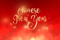 Text Chinese New Year golden color in the clouds.Low poly wireframe art on red background.Concept for holiday or magic or miracle.