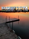 Text collage of Minnesota images over a lake and dock at sunset Royalty Free Stock Photo