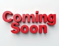Text \'Coming Soon\' in bold red letters on a white background. Royalty Free Stock Photo