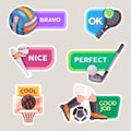 Text comment sticker bravo ok nice perfect cool and good job volley tennis baseball basketball golf and football